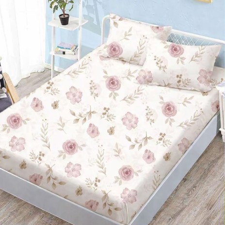 Set husa pat finet 160x200 cm cu elastic model flori roz pastel si 2 fete de perna