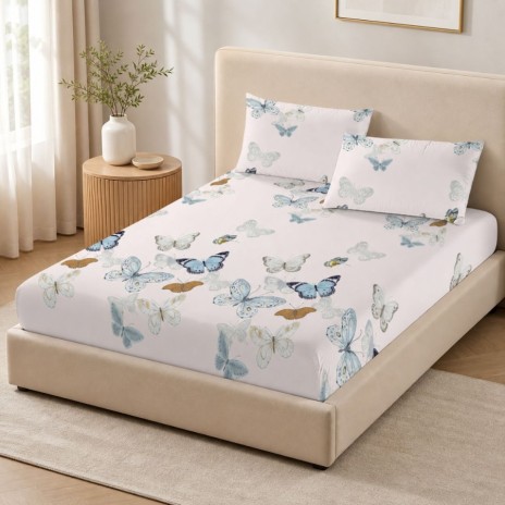 Set husa pat finet 160x200 cm cu elastic model cu fluturi bleu si 2 fete de perna asortate