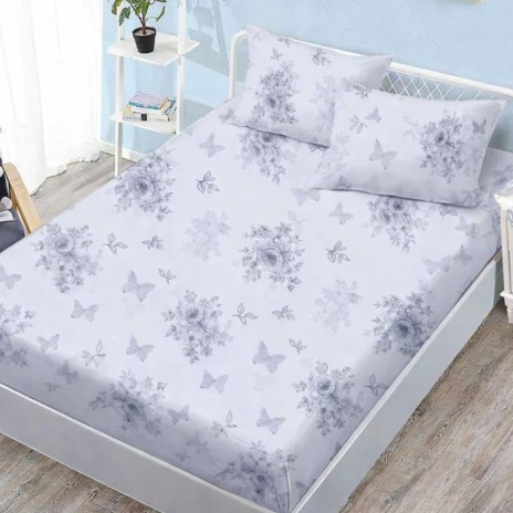Set husa pat finet 160x200 cm cu elastic model flori si fluturi gri si 2 fete de perna