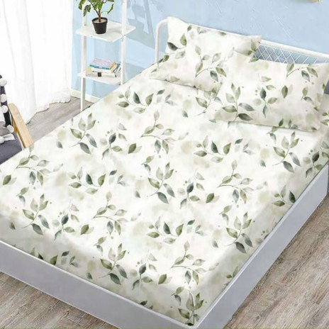 Set husa pat finet 160x200 cm cu elastic model frunze verzi si 2 fete de perna