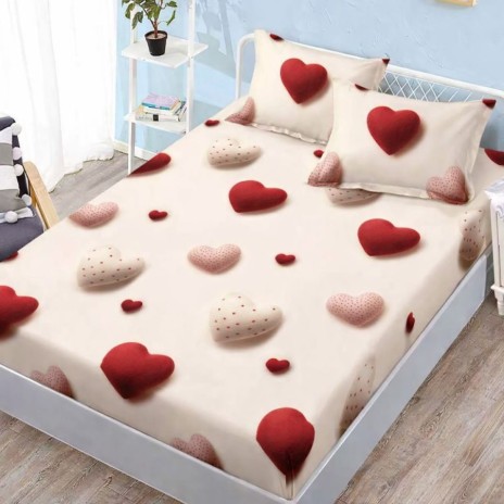 Set husa pat finet 160x200 cm cu elastic model inimioare rosii si 2 fete de perna