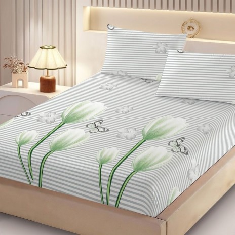 Set husa pat finet 160x200 cm cu elastic lalele ablb cu verde si 2 fete de perna asortate, fabricat in Romania