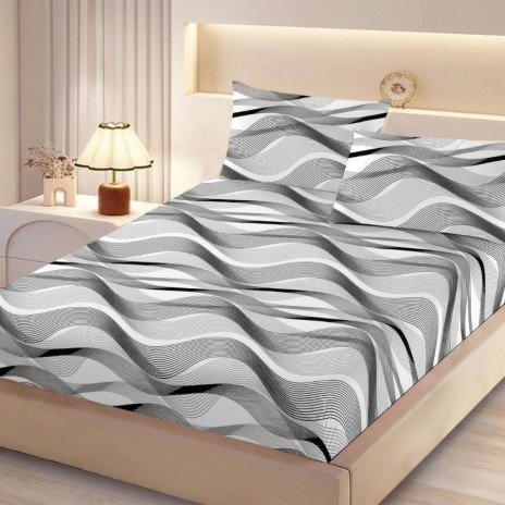 Set husa pat finet 160x200 cm cu elastic linii ondulatesi 2 fete de perna asortate, fabricat in Romania