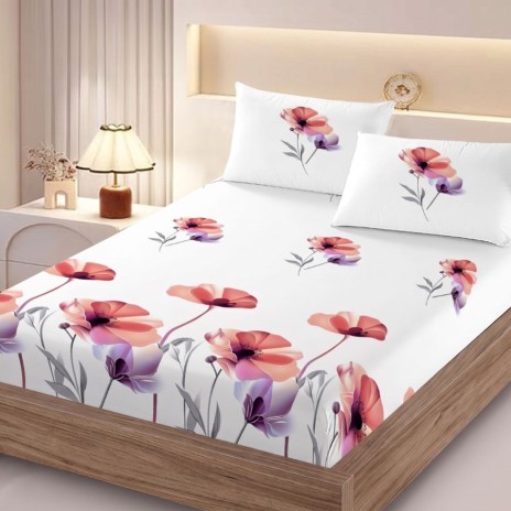Set husa pat finet 160x200 cm cu elastic maci roz-corai si mov si 2 fete de perna asortate, fabricat in Romania