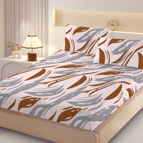 Set husa pat finet 160x200 cm cu elastic model abstract maro-gri si 2 fete de perna asortate, fabricat in Romania