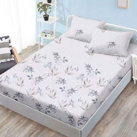 Set husa pat finet 160x200 cm cu elastic model frunze gri si 2 fete de perna