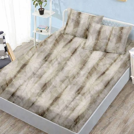 Set husa pat finet 160x200 cm cu elastic model floral bej maro si 2 fete de perna