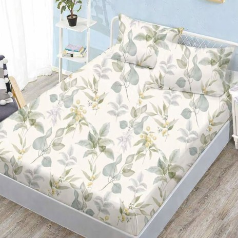 Set husa pat finet 160x200 cm cu elastic model frunze verzi si 2 fete de perna