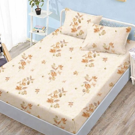 Set husa pat finet 160x200 cm cu elastic model floral bej portocaliu si 2 fete de perna