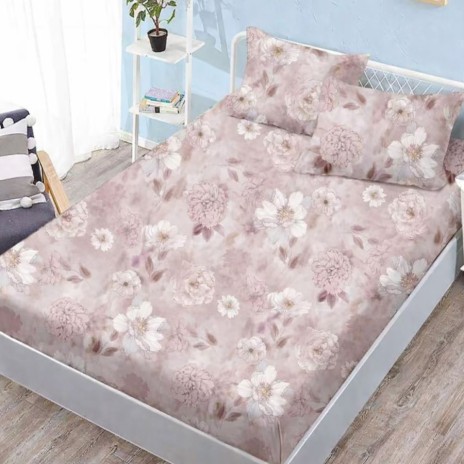 Set husa pat finet 160x200 cm cu elastic model floral roz pudra/crem si 2 fete de perna