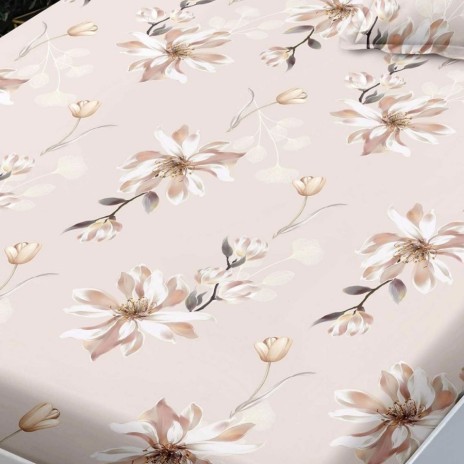 Set husa finet floral pastel bej - crem 160x200 cu 2 fete de perna, fixare perfecta