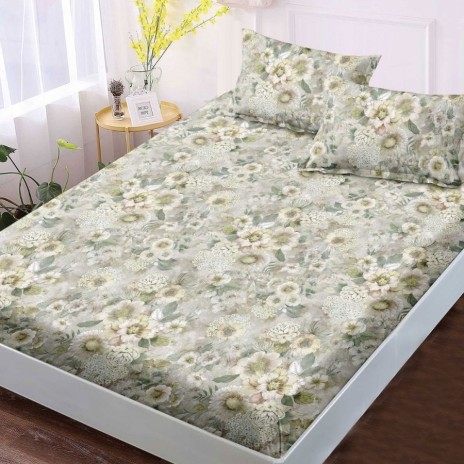 set husa finet floral pastel verde-bej 160x200 cu fete de perna