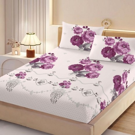 Set husa pat finet 160x200 cm cu elastic model cu trandafiri mov si 2 fete de perna asortate