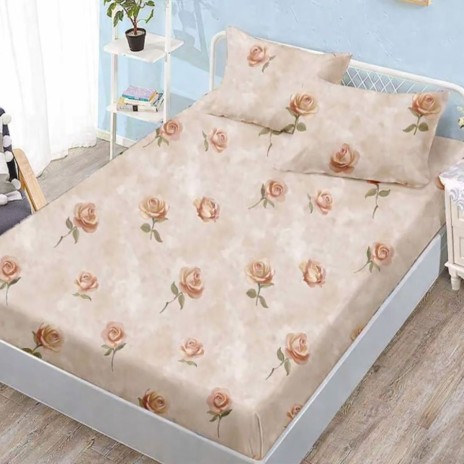 Set husa pat finet 160x200 cm cu elastic model trandafiri bej si 2 fete de perna
