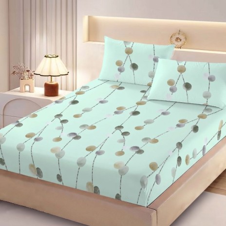 Set husa pat finet 160x200 cm cu elastic verde cu buline si 2 fete de perna asortate