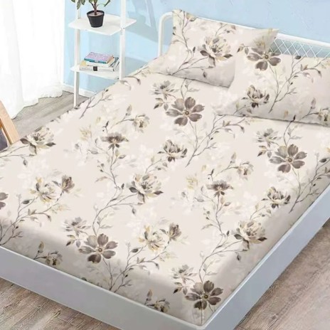 Set husa finet 160x200 cm cu elastic si 2 fete de perna, model floral gri-bej elegant pe fond crem