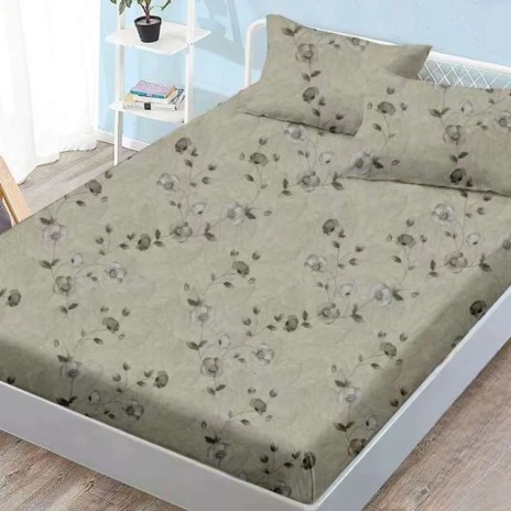Set husa finet 160x200 cm cu elastic si 2 fete de perna, model flori gri pe fond olive