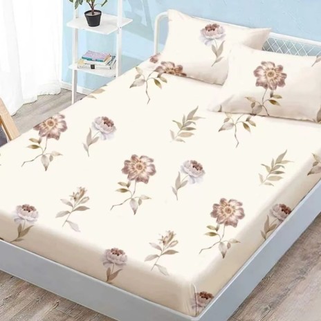 Set husa finet 160x200 cm cu elastic si 2 fete de perna, model floral gri-maroniu pe fond crem