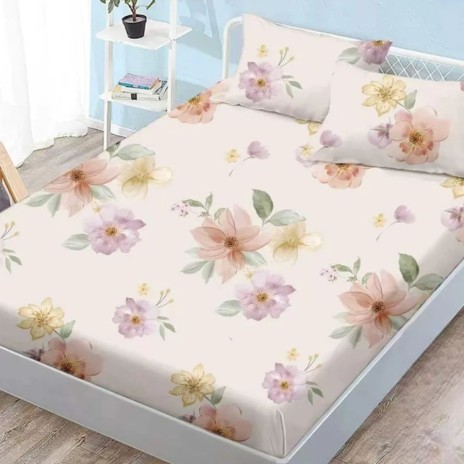 Set husa finet 160x200 cm cu elastic si 2 fete de perna, model floral pastel pe fond crem