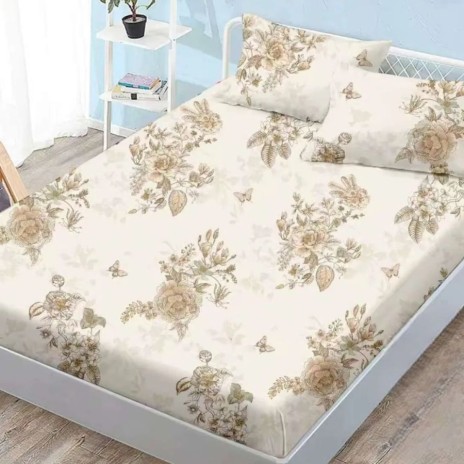Set husă finet 160x200 cm cu elastic și 2 fețe de pernă, model flori vintage și fluturi pe fond crem