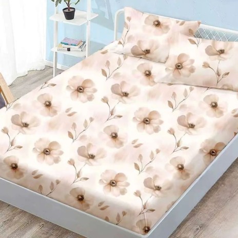 Set husă finet 160x200 cm cu elastic și 2 fețe de pernă, model Flori bej pe fundal crem