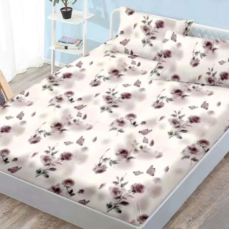 Set husa finet 160x200 cm cu elastic si 2 fete de perna, model trandafiri mov si fluturi pe fundal crem