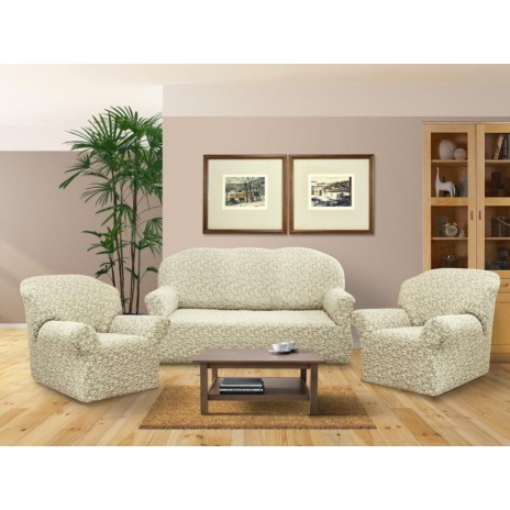Set huse multielastice jacquard canapea 3 locuri + 2 fotolii, bej/gri (10044-1447)