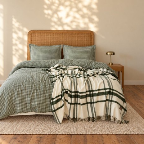 set lenjerie de pat cu patura Bavori Verde First Choice, model in patratele verzi si patura crem cu carouri verzi