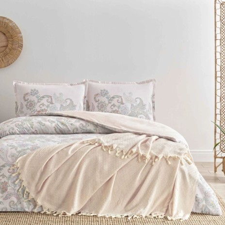 set lenjerie pat dublu cu pled TAC Elysia Pudra 5 piese