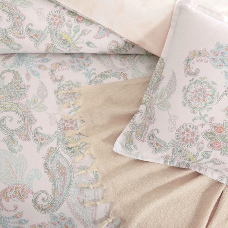 set lenjerie pat dublu cu pled TAC Elysia Pudra 5 piese