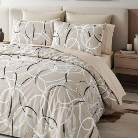 Set lenjerie pat dublu din bumbac 100% Bej cu cercuri, husa pilota 220x240 cm, cearsaf 240x270 cm, model geometric bej cu cercur