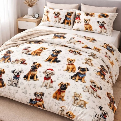 Lenjerie de pat dubla bumbac 100% ranforce cu catei 4 piese Fabricata in Romania