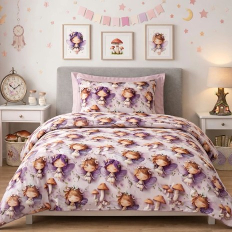 Lenjerie de pat dubla bumbac 100%  cu zane si design pastel mov roz 4 piese Fabricata in Romania