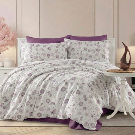 Lenjerie pat dublu Flori mov din bumbac 100% ranforce, 4 piese, model floral mov lila si gri pe fundal alb