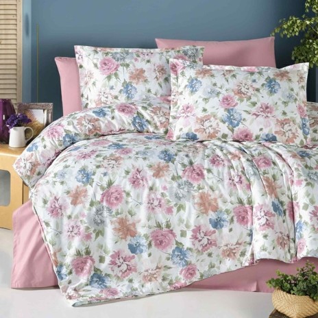 Lenjerie pat dublu Flori pastel din bumbac 100% ranforce, 4 piese, model floral roz bleu verde si piersica pe fundal alb