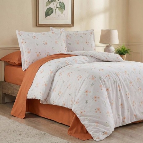 Lenjerie pat dublu Flori piersica din bumbac 100% ranforce, 4 piese, model floral piersica si verde pe fundal alb