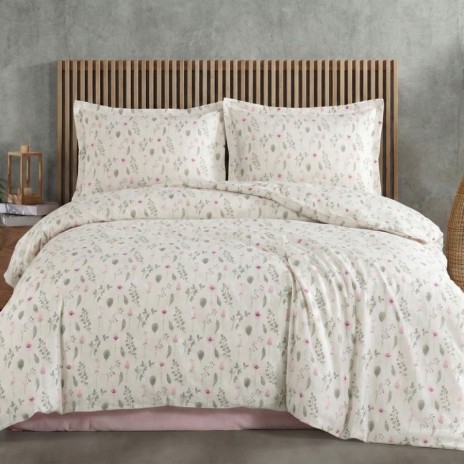 Lenjerie pat dublu Floricele din bumbac 100% ranforce, 4 piese, model floral roz pal verde si gri pe fundal crem