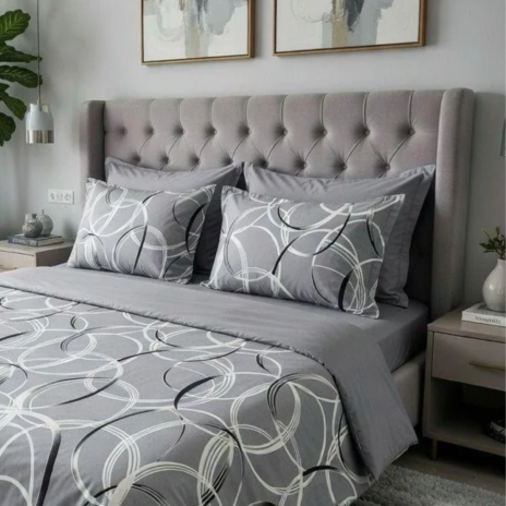 Lenjerie pat dublu din bumbac 100% Gri cu cercuri, husa pilota 220x240 cm, cearsaf 240x270 cm, model geometric gri alb si negru