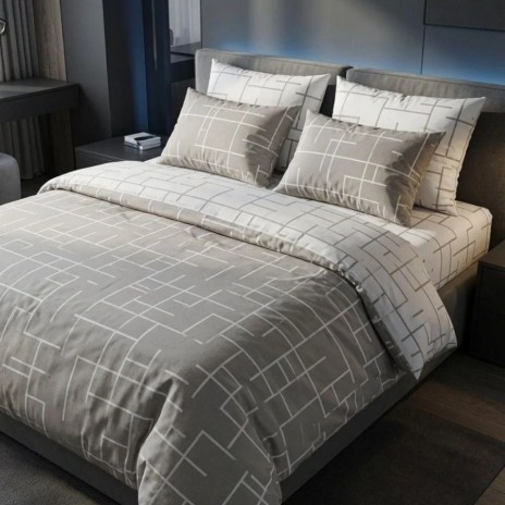 Set lenjerie pat dublu din bumbac 100% Gri geometric, husa pilota 220x240 cm, cearsaf 240x270 cm, model geometric gri