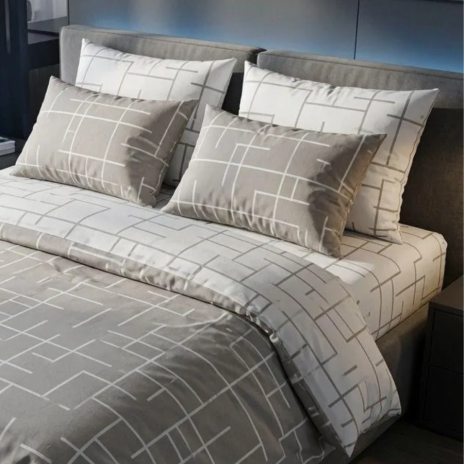 Set lenjerie pat dublu din bumbac 100% Gri geometric, husa pilota 220x240 cm, cearsaf 240x270 cm, model geometric gri