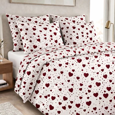 Lenjerie de pat dubla bumbac 100% cu inimioare bordo design elegant 4 piese, Fabricata in Romania