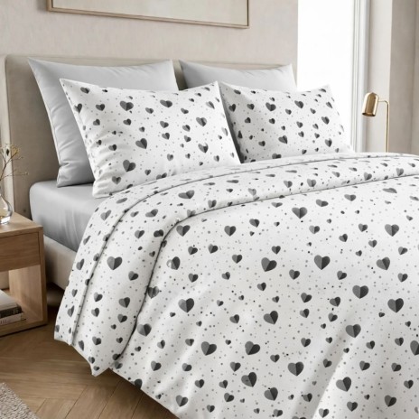 Lenjerie de pat dubla bumbac 100% ranforce cu inimioare gri design minimalist 4 piese, Fabricata in Romania