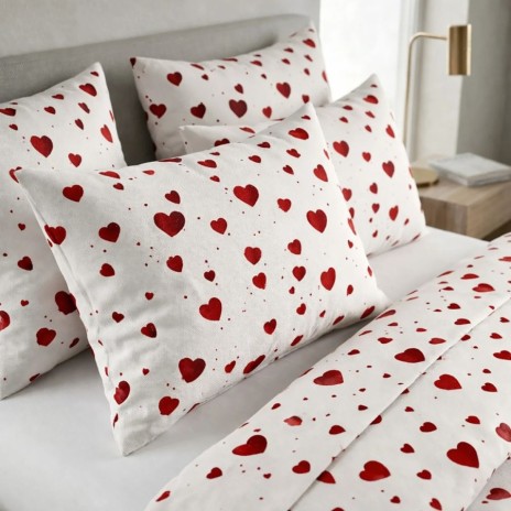 Lenjerie de pat dubla bumbac 100% cu inimioare rosii design romantic 4 piese, Fabricata in Romania