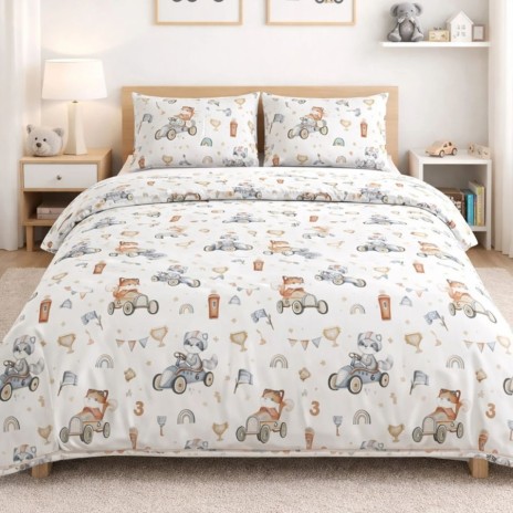 Lenjerie de pat dubla bumbac 100% ranforce cu masinute si animute design jucaus 4 piese, Fabricata in Romania