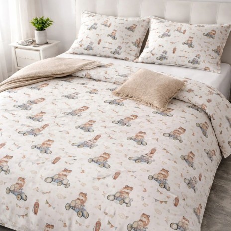 Lenjerie de pat dubla bumbac 100% ranforce cu masinute si animute design jucaus 4 piese, Fabricata in Romania