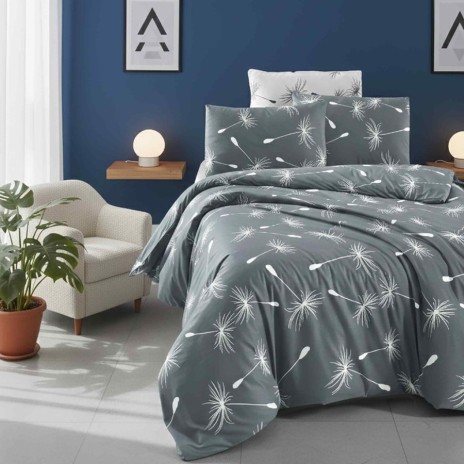 Lenjerie pat dublu cu papadie alba pe gri, bumbac satinat, husa pilota 220x240, cearsaf drept gri 240x270, 4 piese