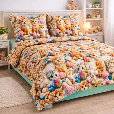 Lenjerie de pat dubla bumbac 100% ranforce cu pisicute jucause si ghemotoace colorate 4 piese, Fabricata in Romania