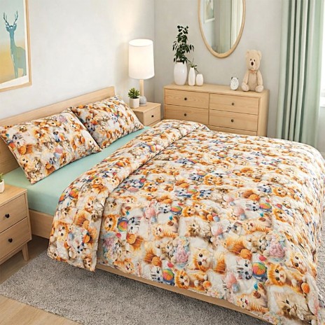 Lenjerie de pat dubla bumbac 100% ranforce cu pisicute jucause si ghemotoace colorate 4 piese, Fabricata in Romania