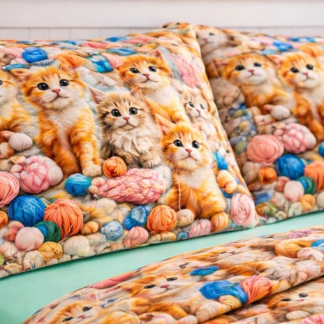 Lenjerie de pat dubla bumbac 100% ranforce cu pisicute jucause si ghemotoace colorate 4 piese, Fabricata in Romania