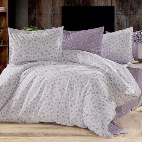 Lenjerie pat dublu cu ramuri lila, bumbac ranforce, husa pilota 220x240, cearsaf drept lila 240x270, 4 piese